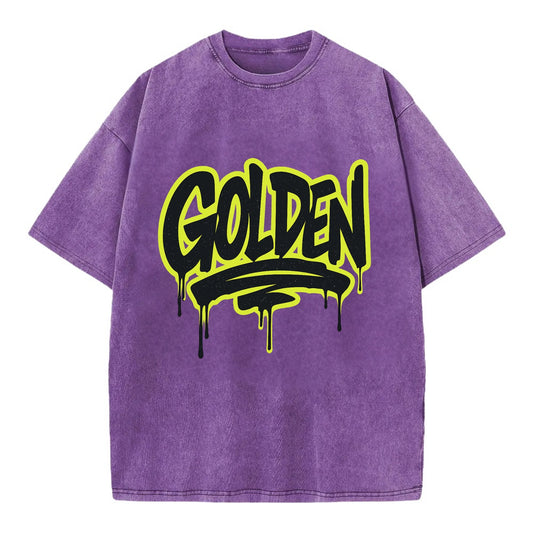 Bold typography design - "GOLDEN" - precious, valuable, excellent - Vintage T-shirt - Purple