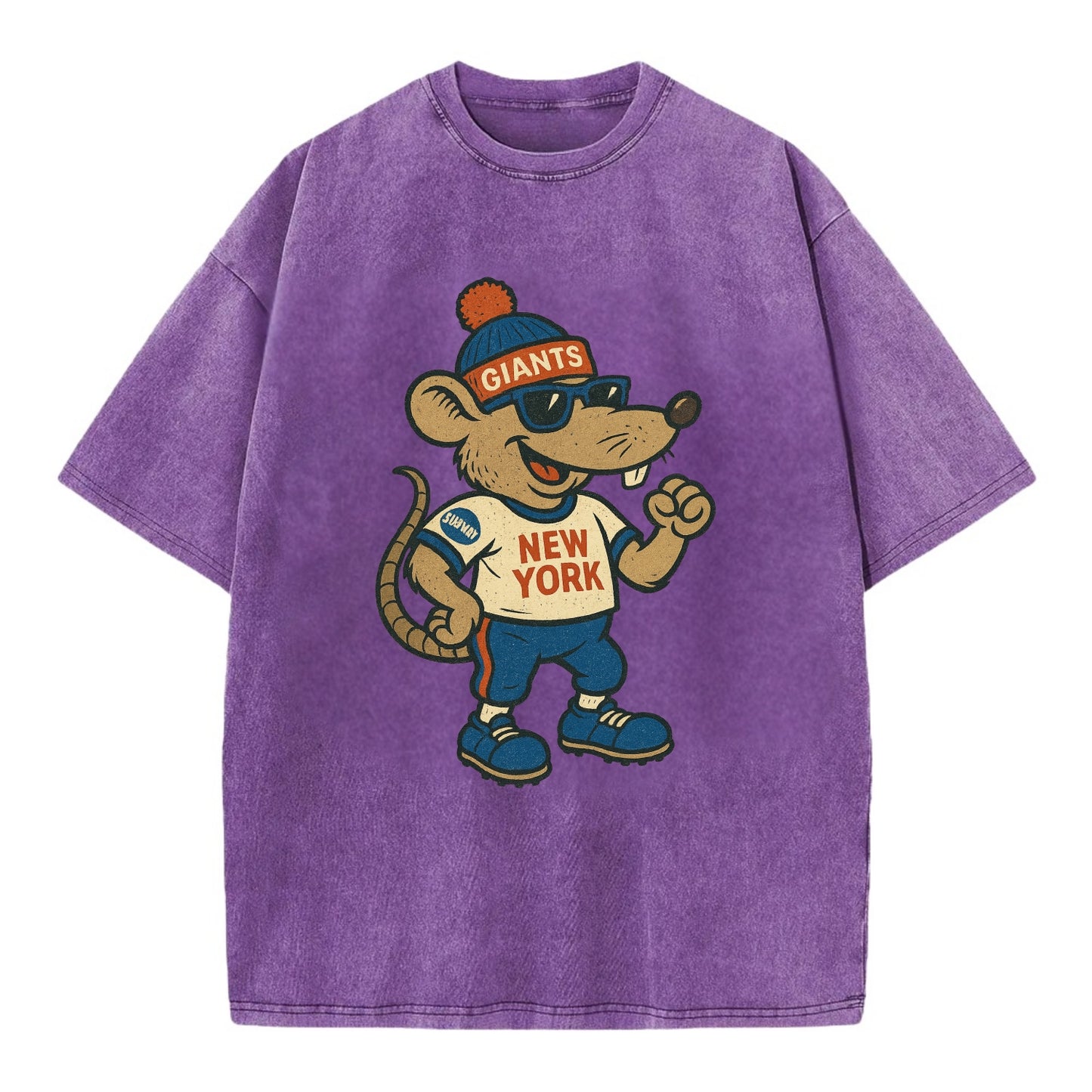 New York Rat wearing Giants beanie with subway patch and wayfarer sunglasses - Vintage T-shirt - Purple