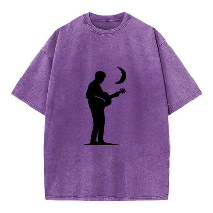 Guitarist playing acoustic under moonlight - Vintage T-shirt - Purple