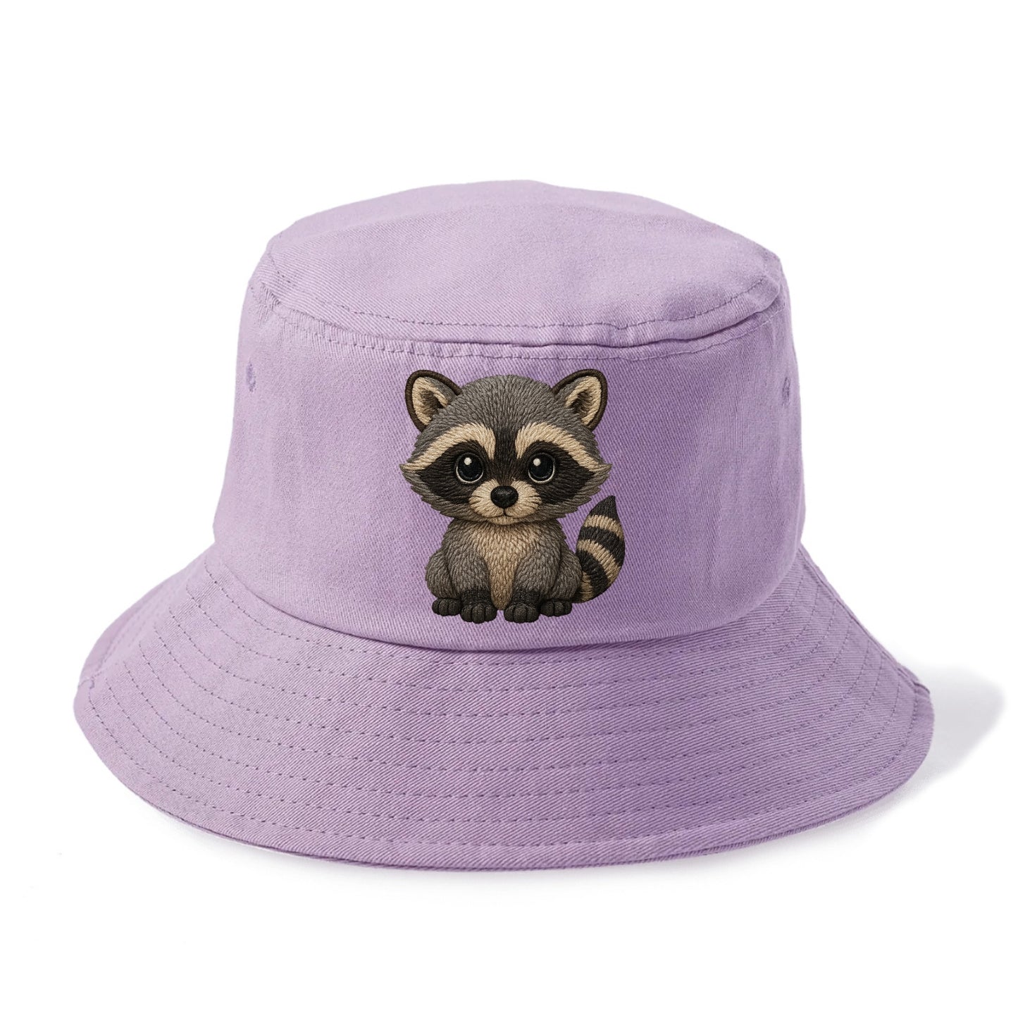 Baby Raccoon - gray fur, black mask, ringed tail, bright curious eyes, front-facing, - Bucket Hat - Purple