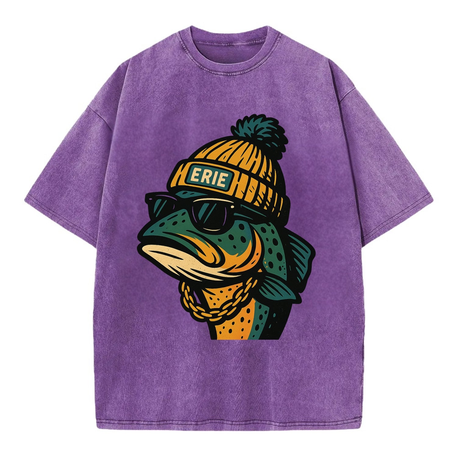 Erie Lake Trout wearing Erie beanie with pom pom and wayfarer sunglasses - Vintage T-shirt - Purple