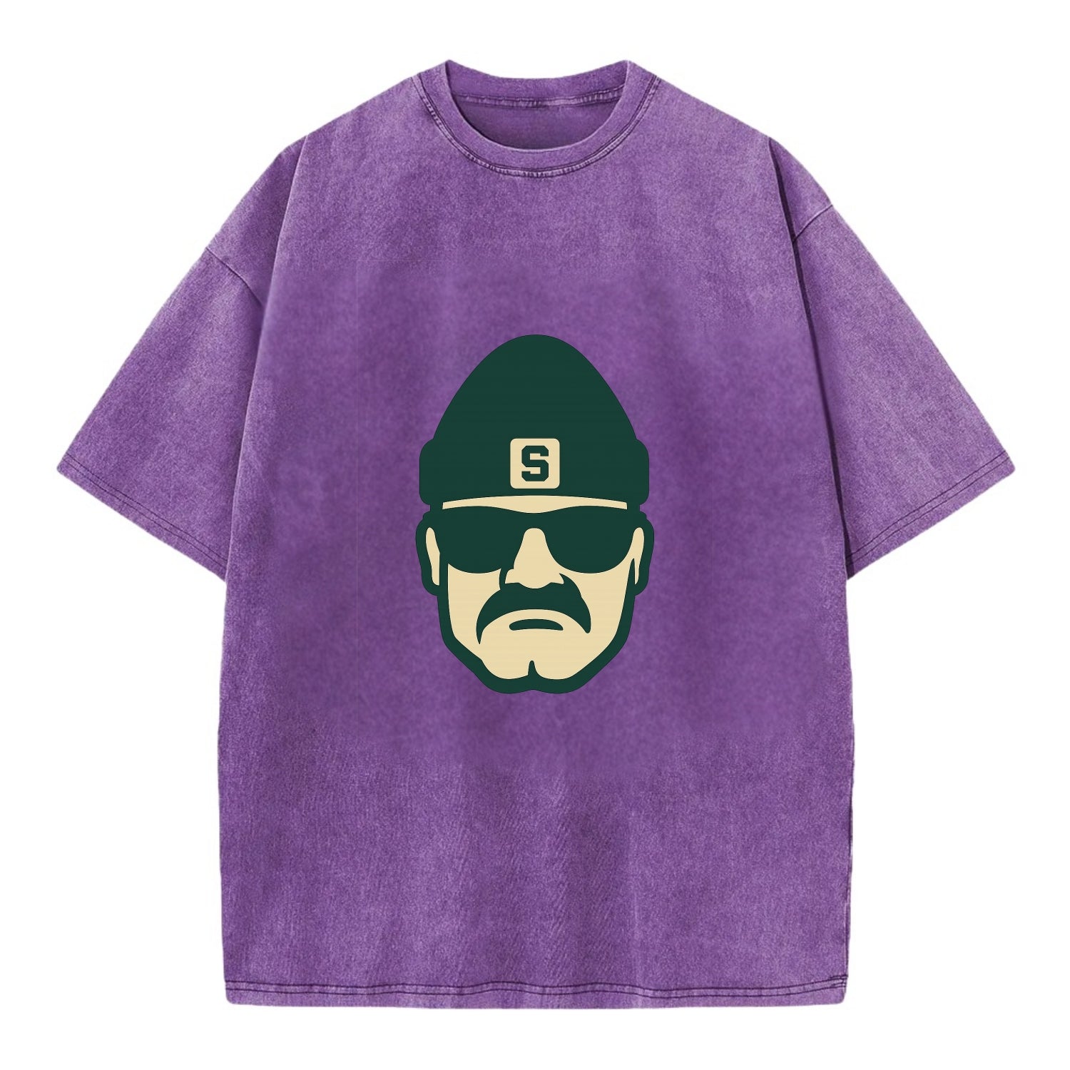 East Lansing Spartan wearing Michigan State beanie with S patch - Vintage T-shirt - Purple