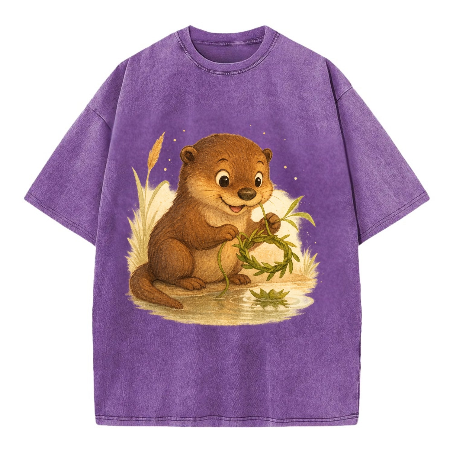 Otter weaving river reeds into a floating crown beside mirror-still water - Vintage T-shirt - Purple