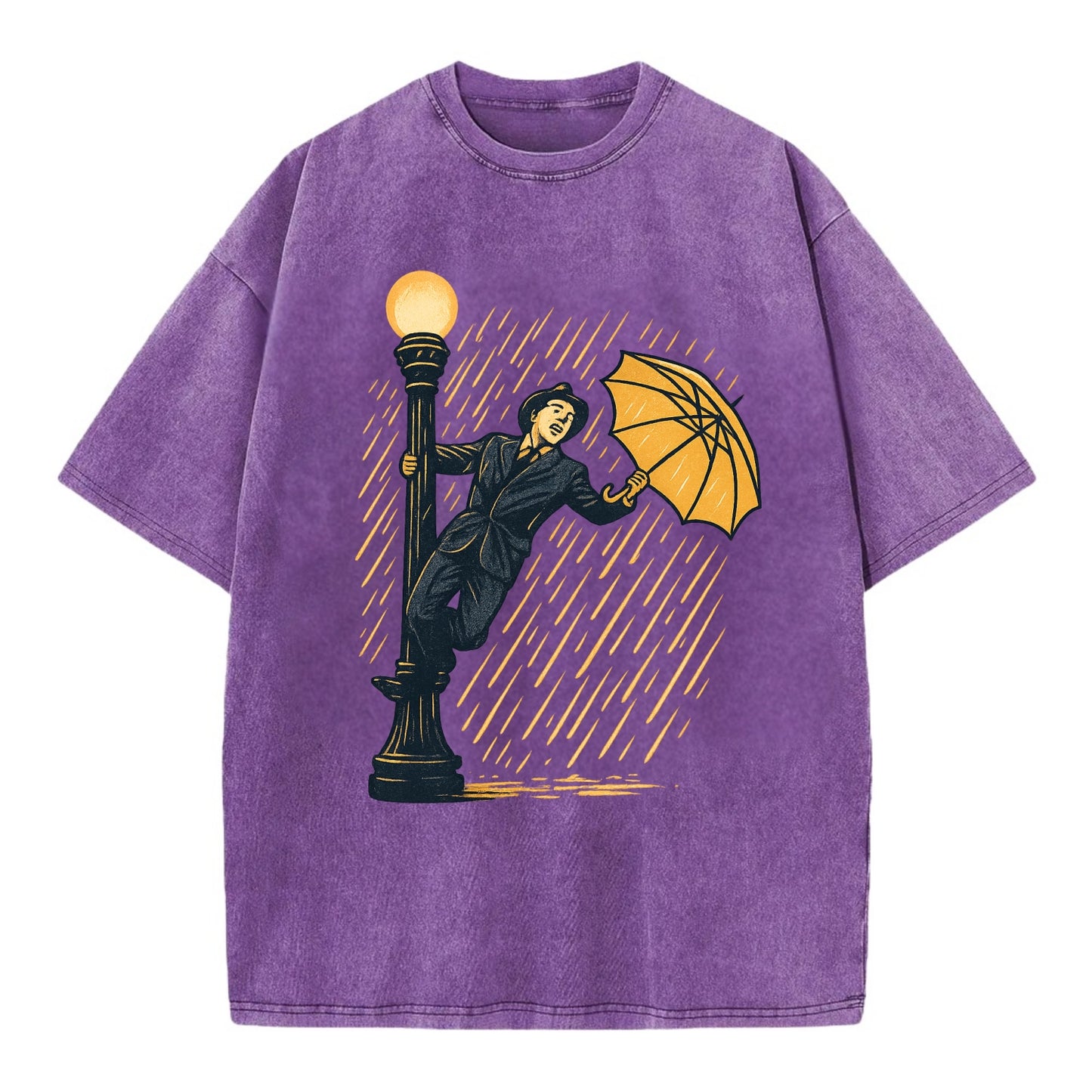 joyful dancing on lamppost in heavy rain with big smile - Vintage T-shirt - Purple