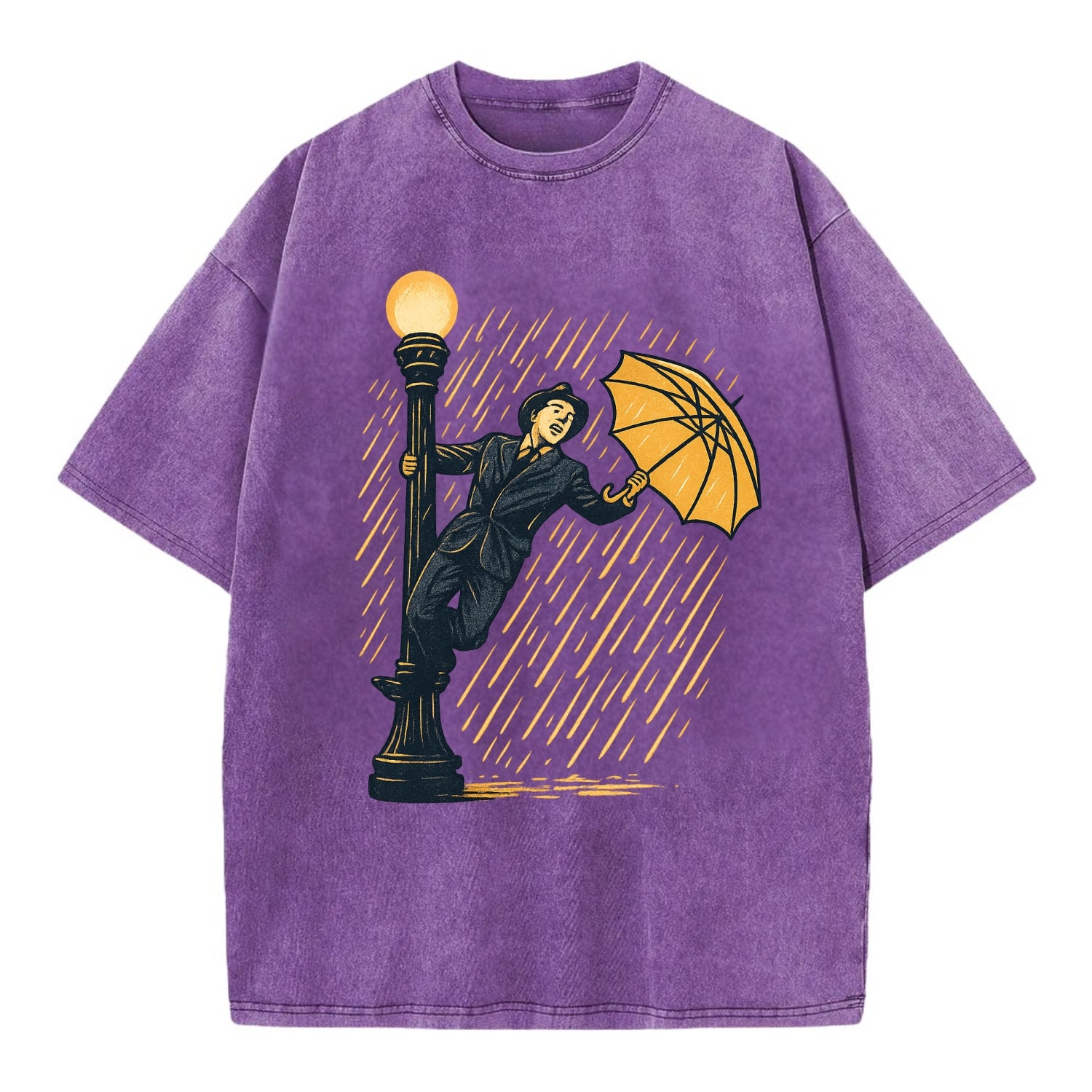 joyful dancing on lamppost in heavy rain with big smile - Vintage T-shirt - Purple