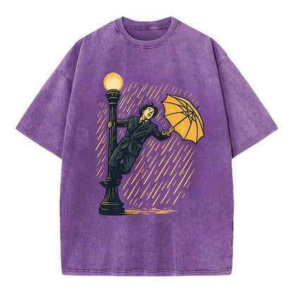 joyful dancing on lamppost in heavy rain with big smile - Vintage T-shirt - Purple