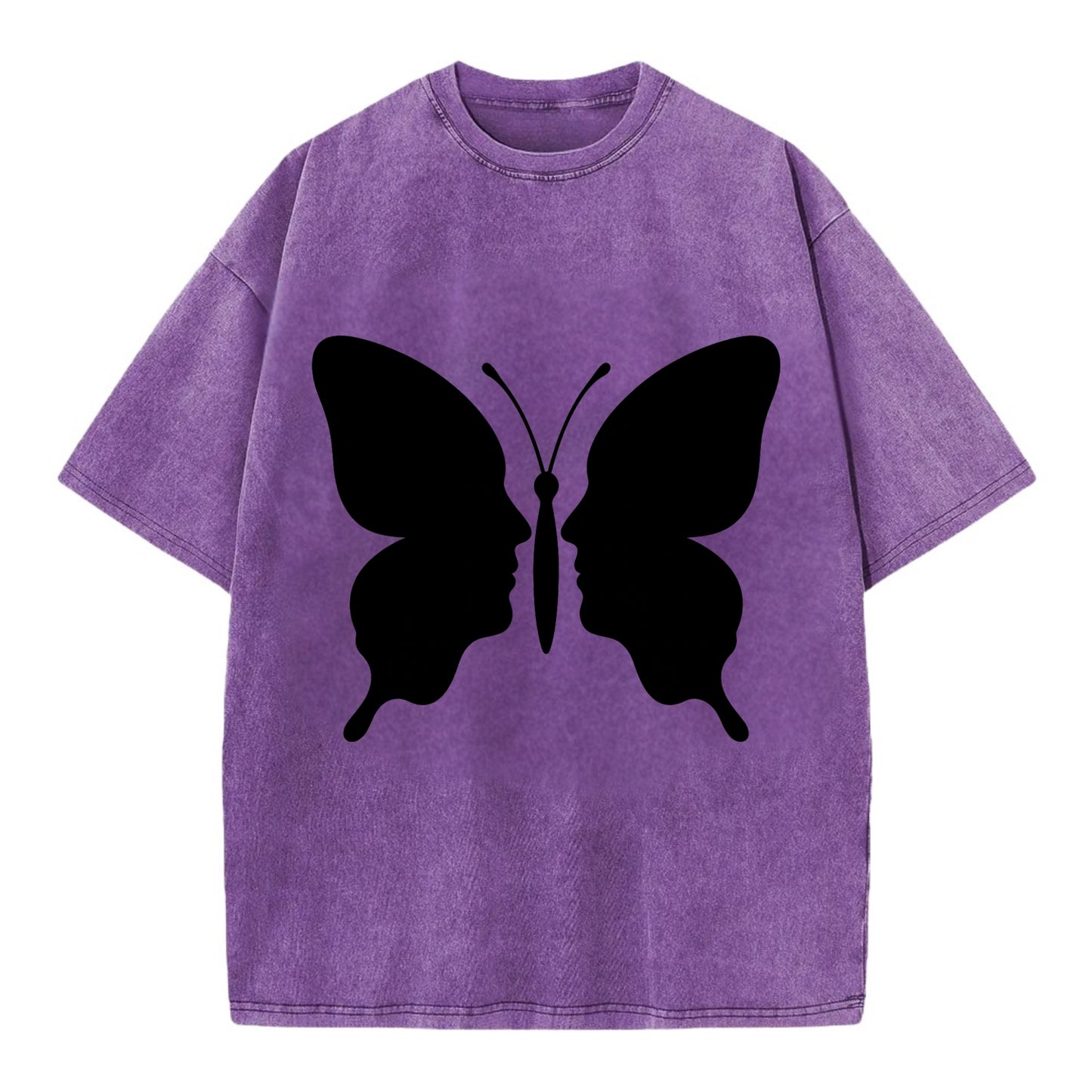 Butterfly wings - negative space reveals hidden faces or patterns - Vintage T-shirt - Purple