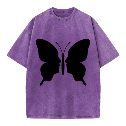 Butterfly wings - negative space reveals hidden faces or patterns - Vintage T-shirt - Purple