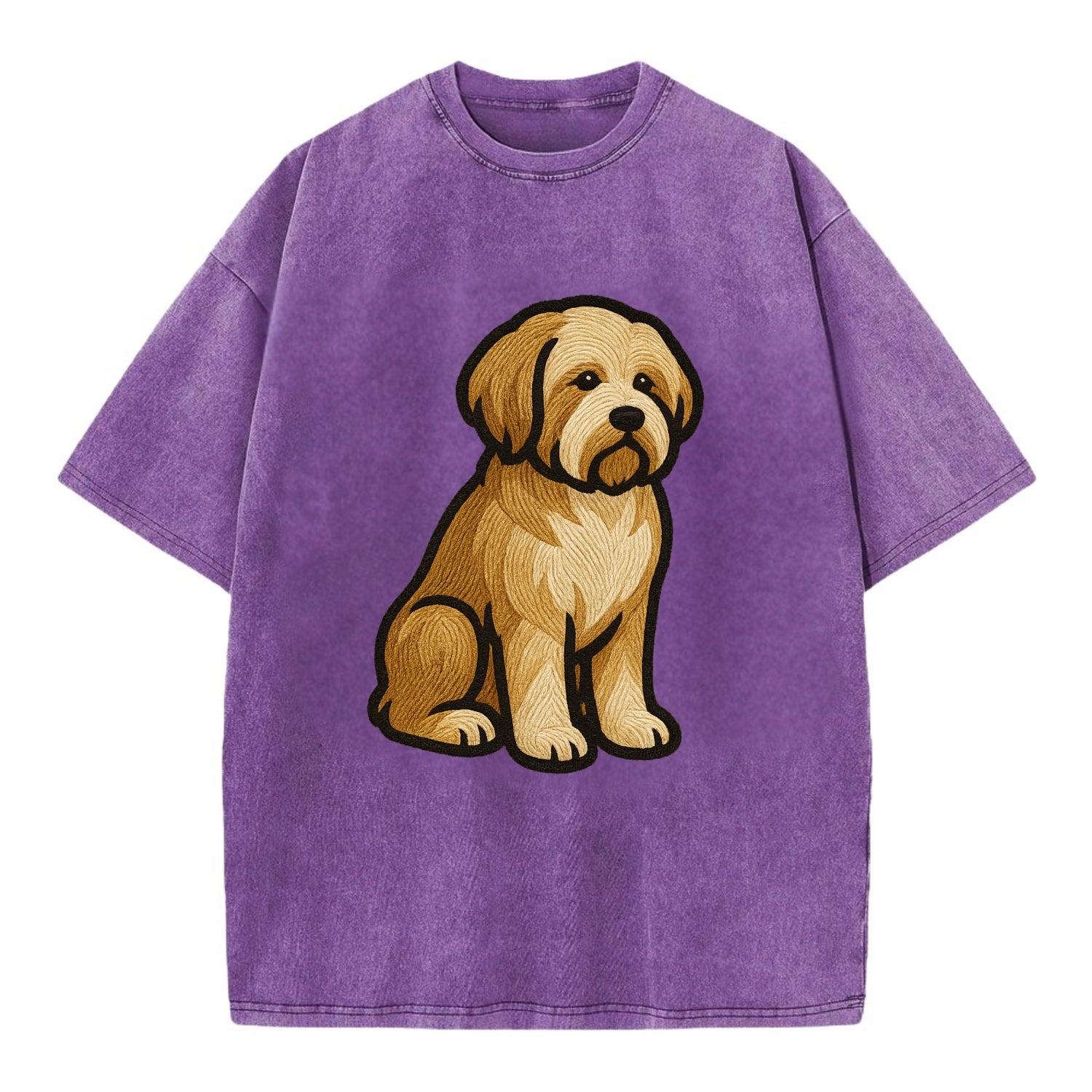 Tibetan Terrier - Gold and white embroidered sitting pose - Vintage T-shirt - Purple