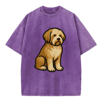 Tibetan Terrier - Gold and white embroidered sitting pose - Vintage T-shirt - Purple