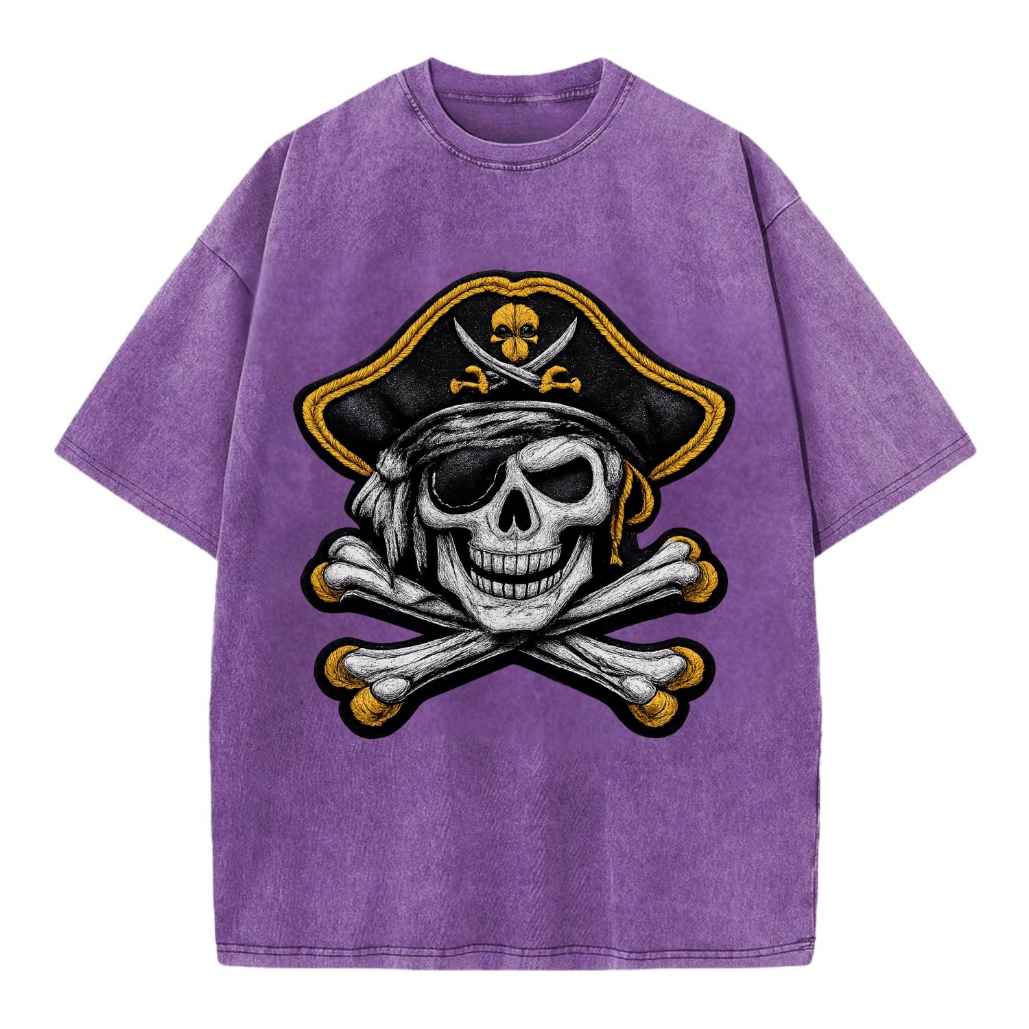 PIRATE SKULL - Jolly Roger skull in black and white , pirate - Vintage T-shirt - Purple