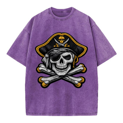 PIRATE SKULL - Jolly Roger skull in black and white , pirate - Vintage T-shirt - Purple