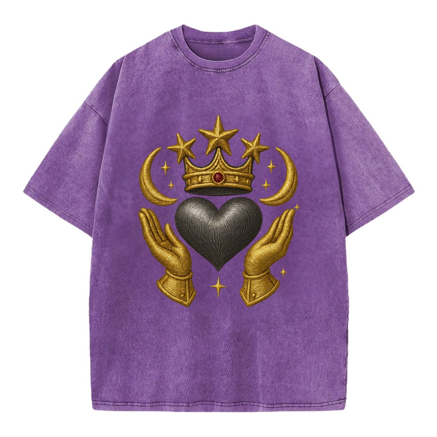 Sun goddess crown radiating golden rays over a midnight heart with henna-adorned - Vintage T-shirt - Purple