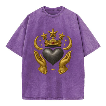 Sun goddess crown radiating golden rays over a midnight heart with henna-adorned - Vintage T-shirt - Purple