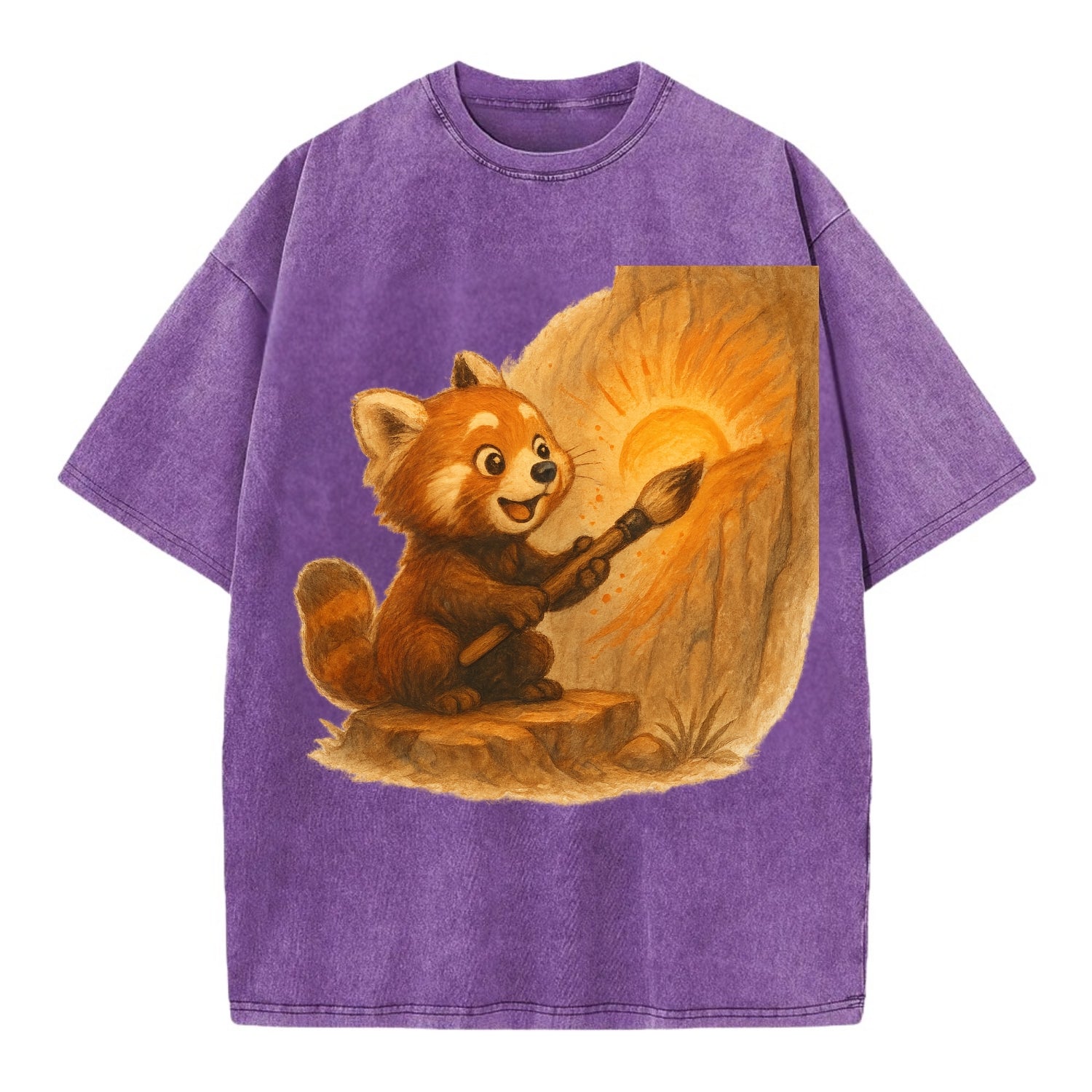 Red panda painting a sunrise mural with an oversized calligraphy brush on a cliff - Vintage T-shirt - Purple