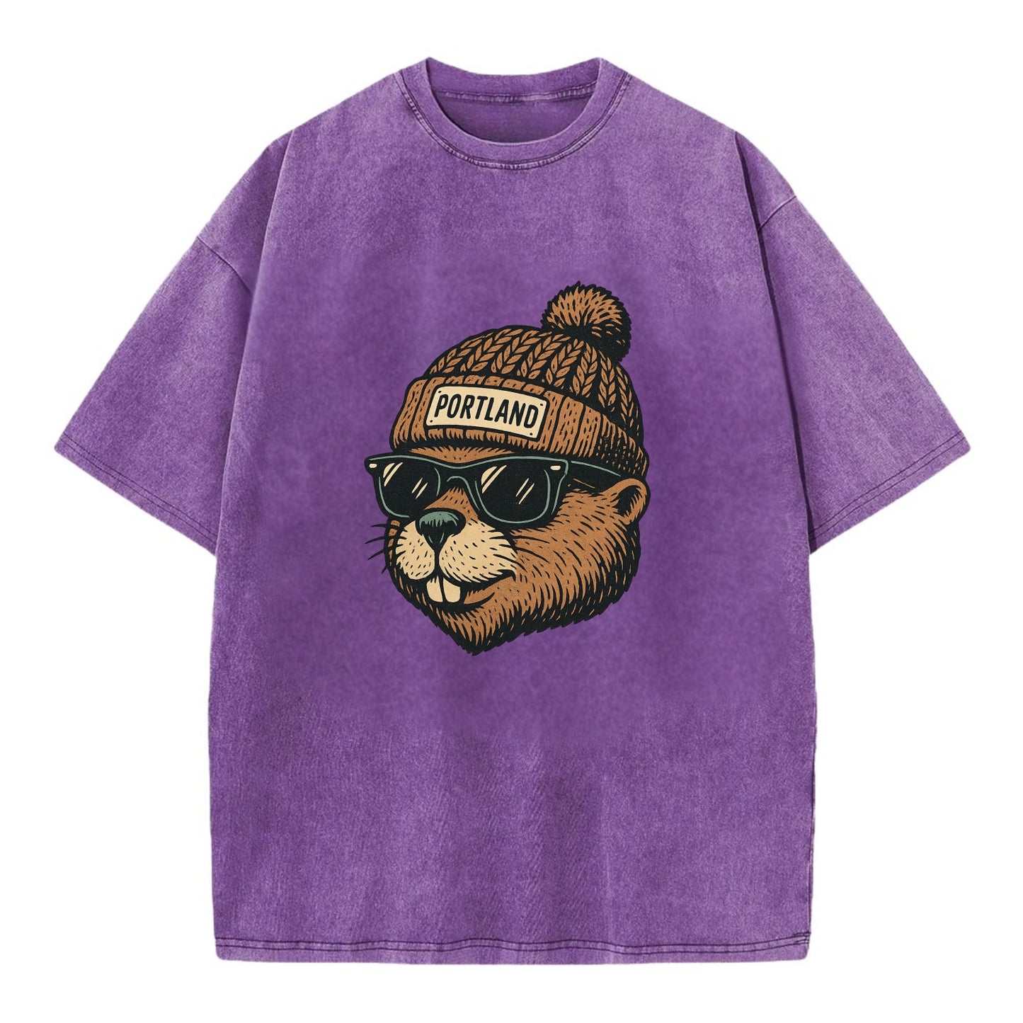 Portland Beaver wearing Portland beanie with pom pom and wayfarer sunglasses - Vintage T-shirt - Purple