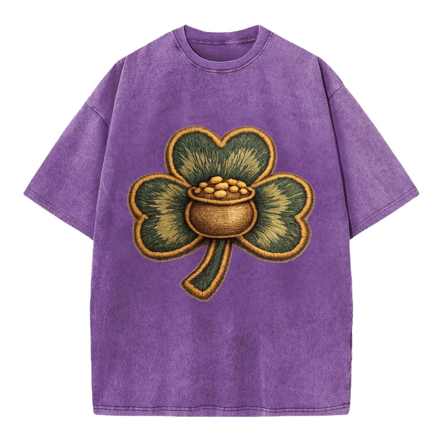 ST PATRICKS CLOVER - lucky clover with gold in green and gold , Irish luck - Vintage T-shirt - Purple