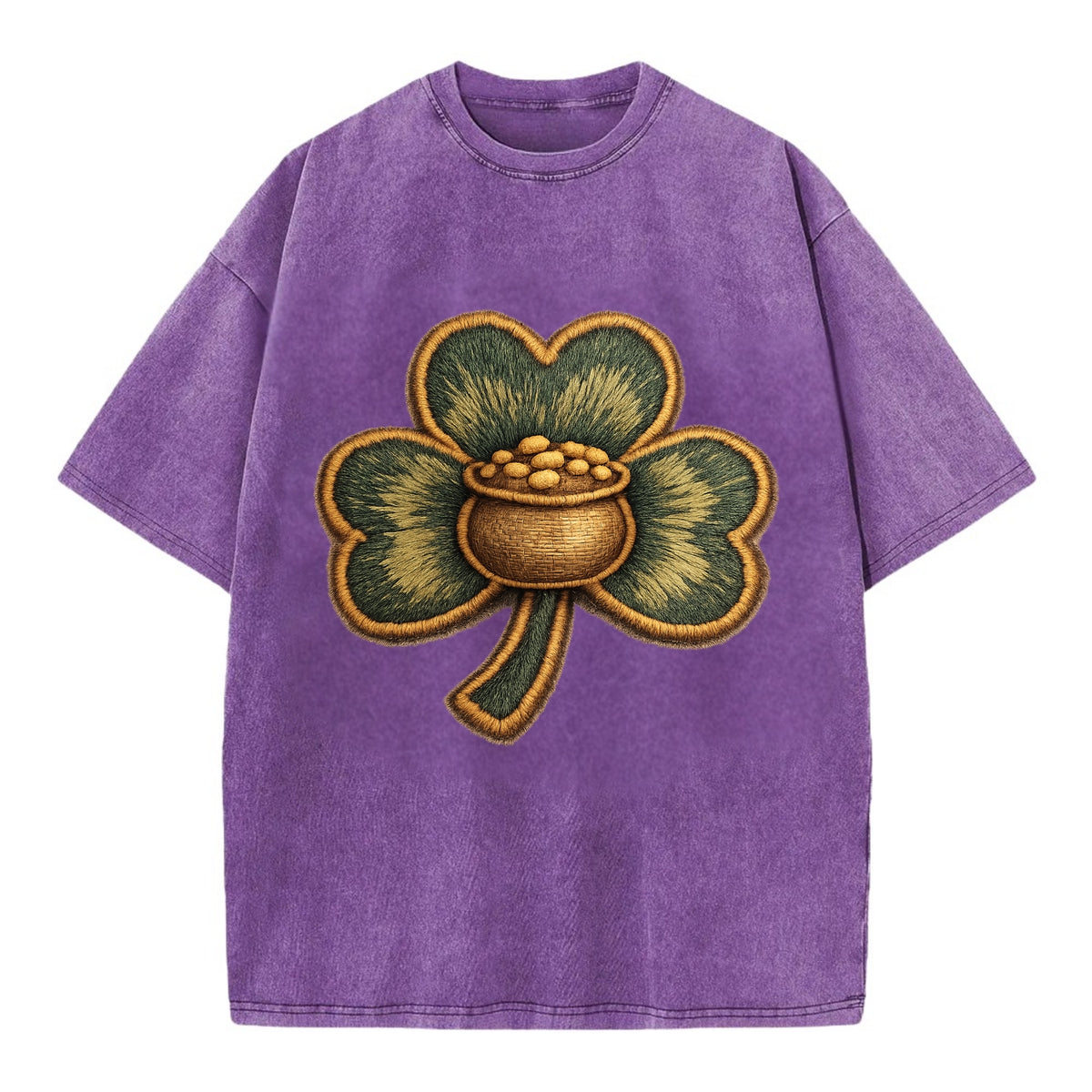 ST PATRICKS CLOVER - lucky clover with gold in green and gold , Irish luck - Vintage T-shirt - Purple