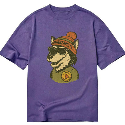 Minnesota Timber Wolf wearing Minneapolis beanie with pom pom and wayfarer - Classic T-shirt - Purple