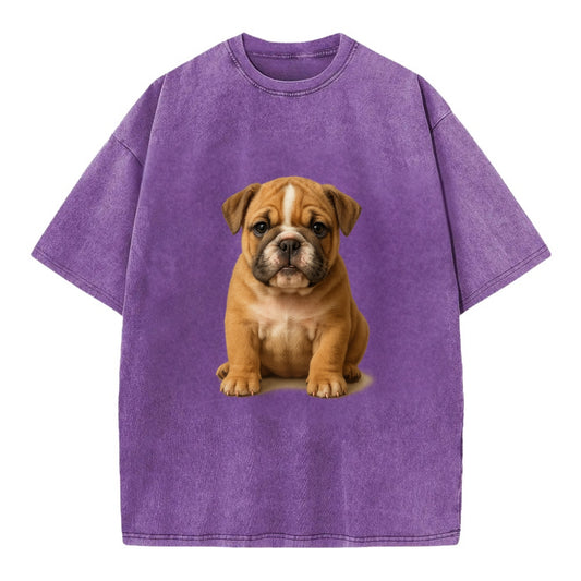Baby Bulldog Puppy - wrinkly face, underbite, stocky body, gentle eyes, - Vintage T-shirt - Purple