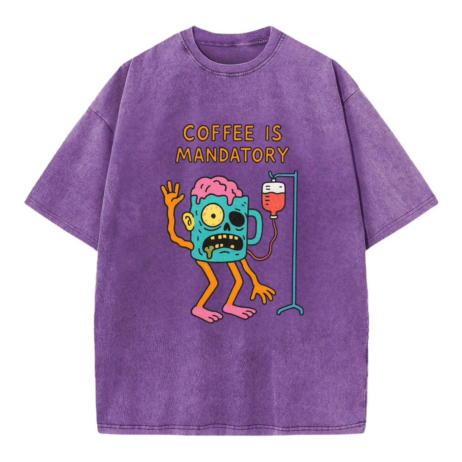 COFFEE IS MANDATORY | Zombie mug with IV drip - Vintage T-shirt - Purple