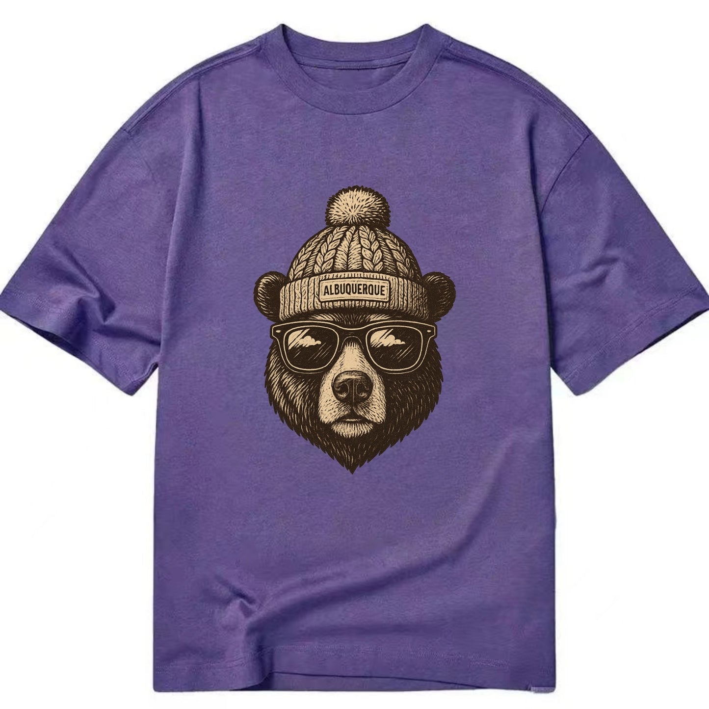 New Mexico Black Bear wearing Albuquerque beanie with pom pom and wayfarer - Classic T-shirt - Purple