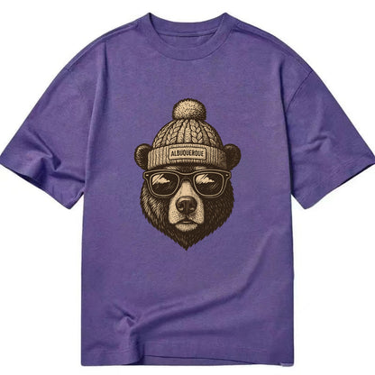 New Mexico Black Bear wearing Albuquerque beanie with pom pom and wayfarer - Classic T-shirt - Purple