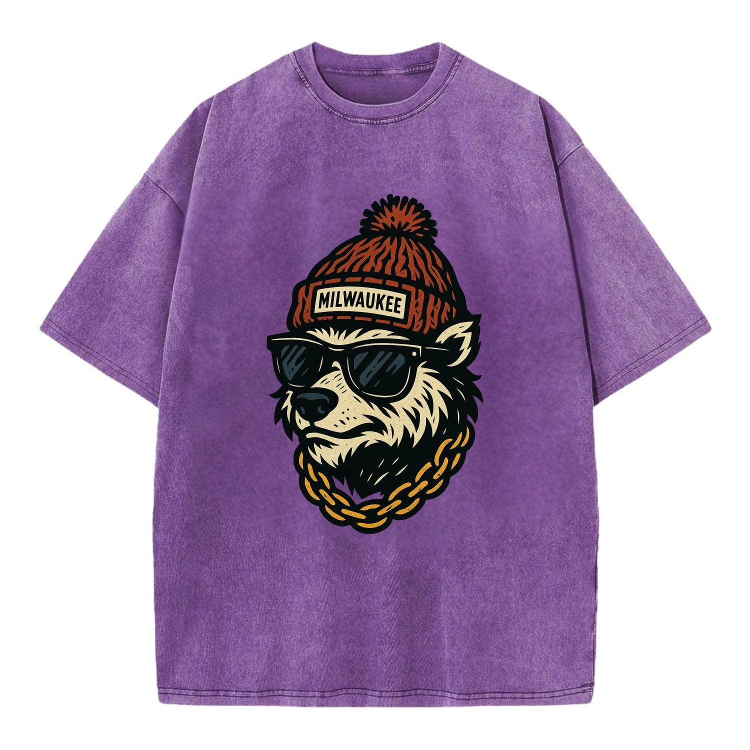 Milwaukee Badger wearing Milwaukee beanie with pom pom and wayfarer sunglasses - Vintage T-shirt - Purple