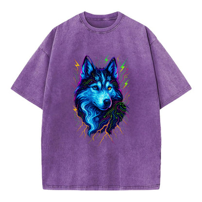 Siberian husky with ice-crystal flowing patterns, electric blue and white swirls, - Vintage T-shirt - Purple
