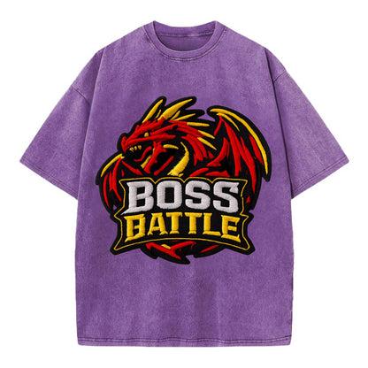 BOSS BATTLE - dragon silhouette in red and gold , raid - Vintage T-shirt - Purple