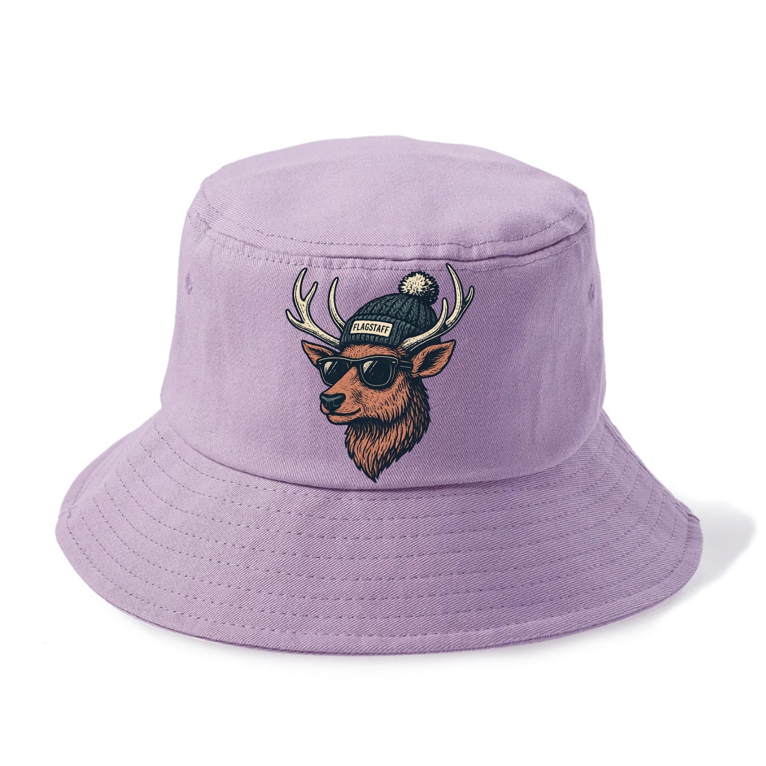 Flagstaff Elk wearing Flagstaff beanie with pom pom and wayfarer sunglasses - Bucket Hat - Purple