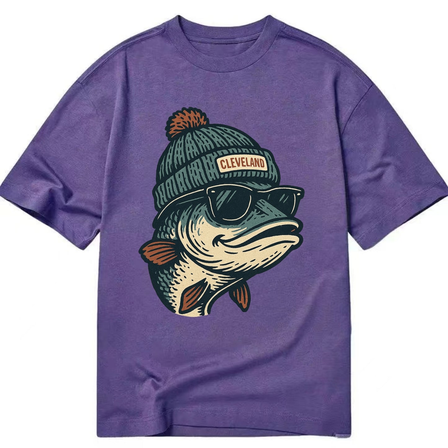 Cleveland Lake Erie Walleye wearing Cleveland beanie with pom pom and wayfarer - Classic T-shirt - Purple