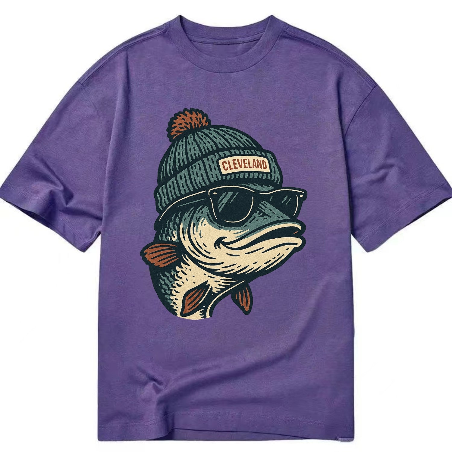 Cleveland Lake Erie Walleye wearing Cleveland beanie with pom pom and wayfarer - Classic T-shirt - Purple