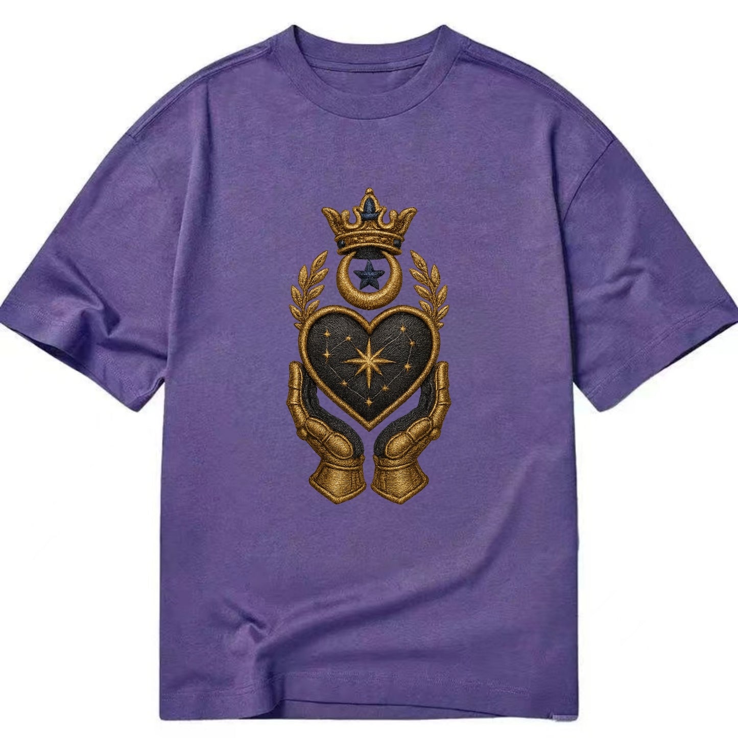 Crowned heart with Art Deco sunburst crown and geometric filigree hands cradling - Classic T-shirt - Purple
