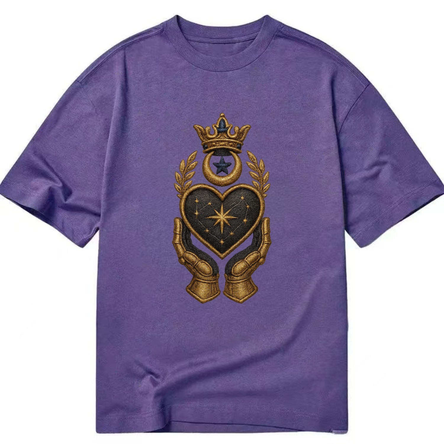 Crowned heart with Art Deco sunburst crown and geometric filigree hands cradling - Classic T-shirt - Purple