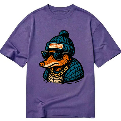 Houston Armadillo wearing Houston beanie with pom pom and wayfarer sunglasses - Classic T-shirt - Purple