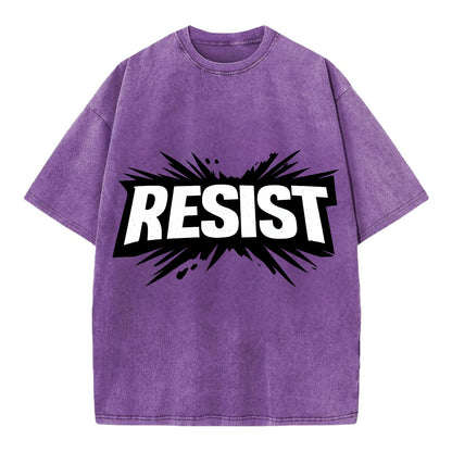 Bold typography design - "RESIST" - fighting back, standing against - Vintage T-shirt - Purple