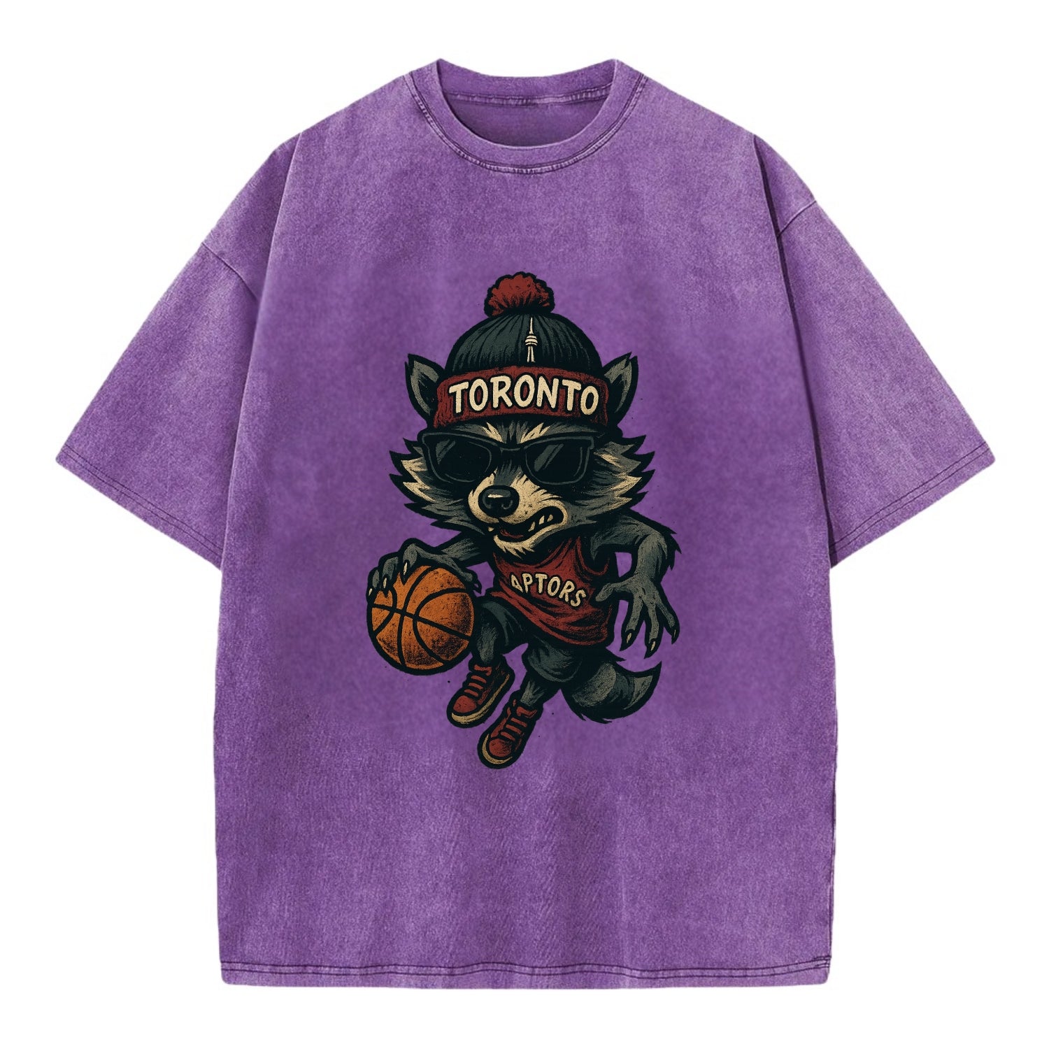 Toronto Raccoon wearing Raptors beanie with CN Tower patch and wayfarer sunglasses - Vintage T-shirt - Purple