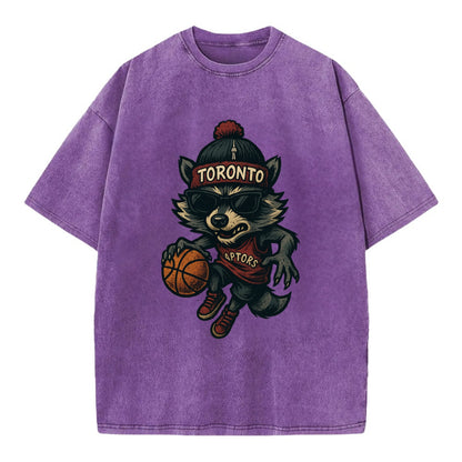 Toronto Raccoon wearing Raptors beanie with CN Tower patch and wayfarer sunglasses - Vintage T-shirt - Purple