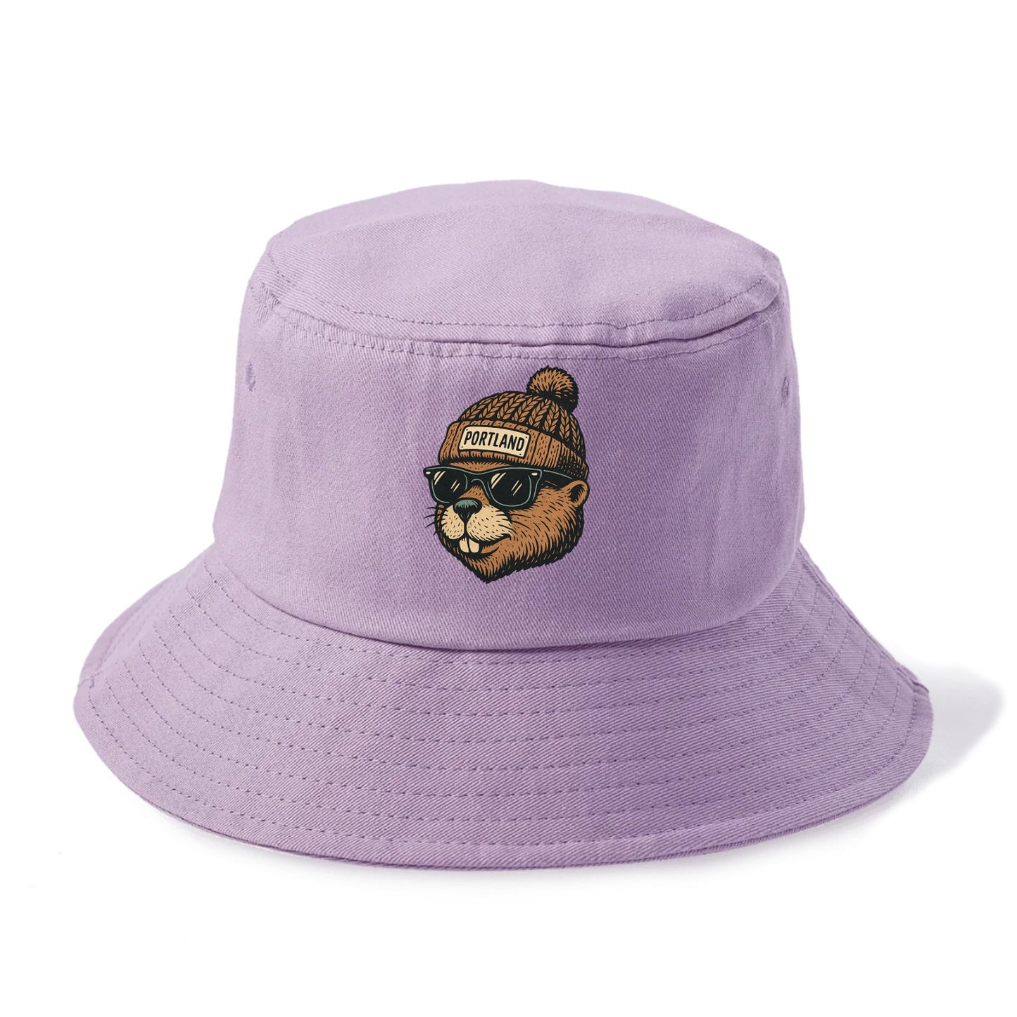 Portland Beaver wearing Portland beanie with pom pom and wayfarer sunglasses - Bucket Hat - Purple