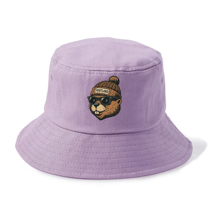 Portland Beaver wearing Portland beanie with pom pom and wayfarer sunglasses - Bucket Hat - Purple