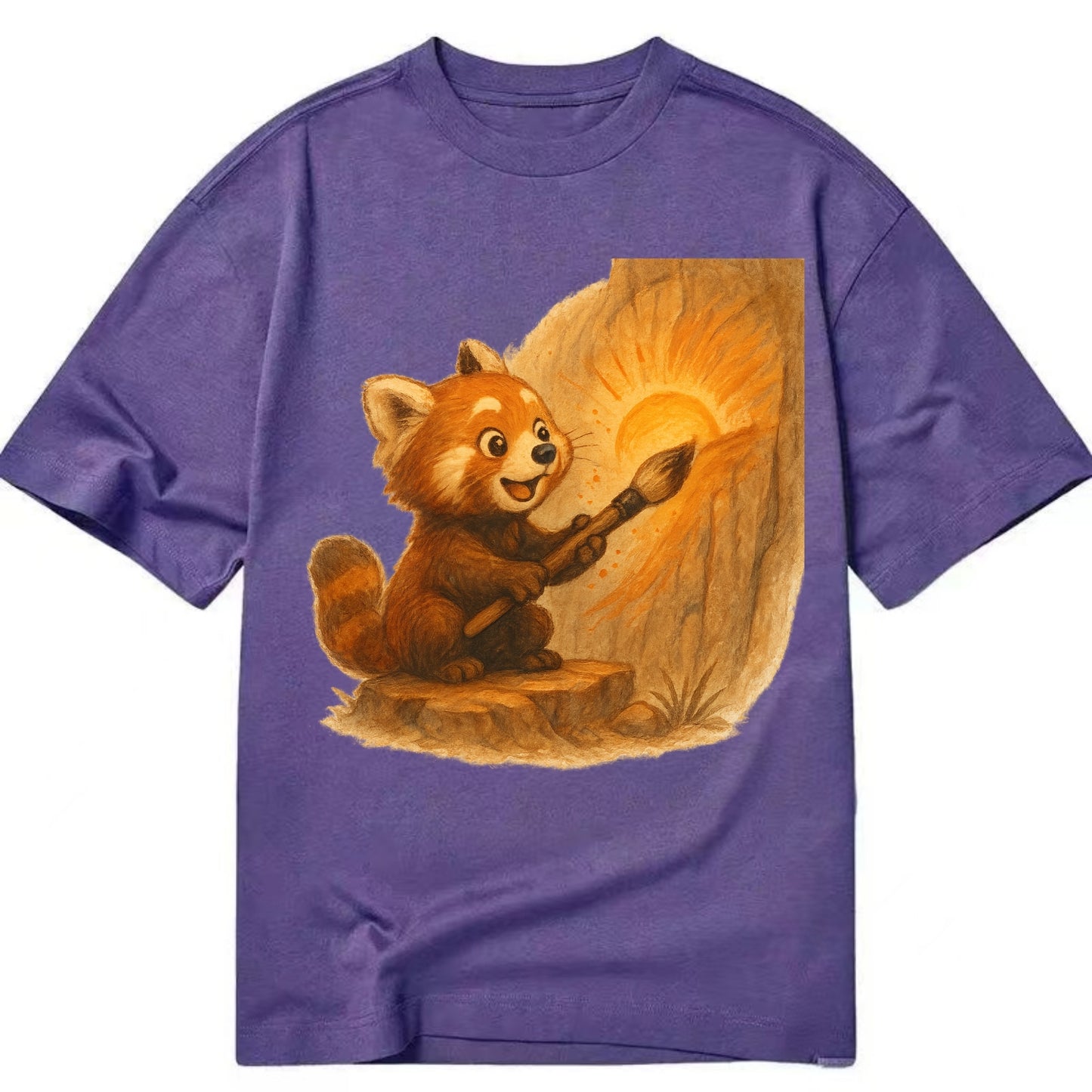 Red panda painting a sunrise mural with an oversized calligraphy brush on a cliff - Classic T-shirt - Purple