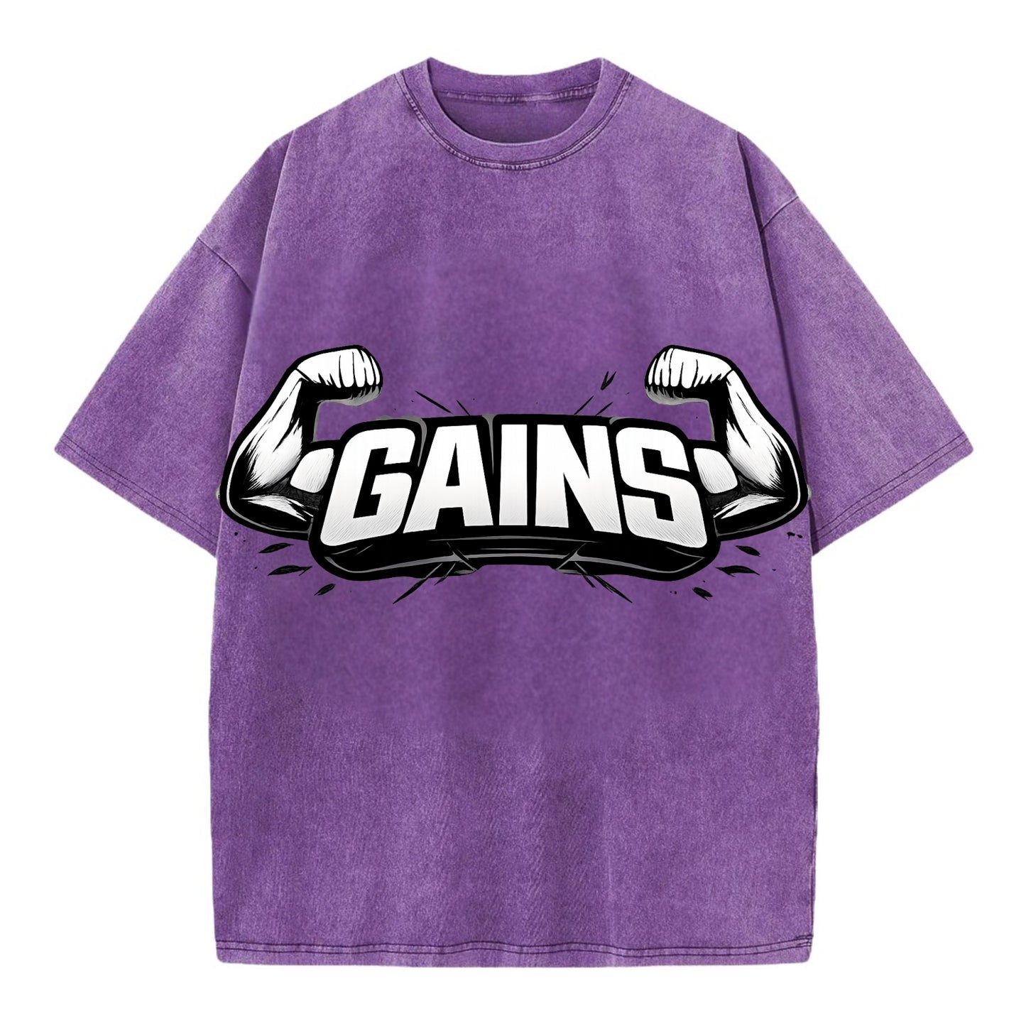 Bold typography design - "GAINS" - muscle growth, progress visible - Vintage T-shirt - Purple