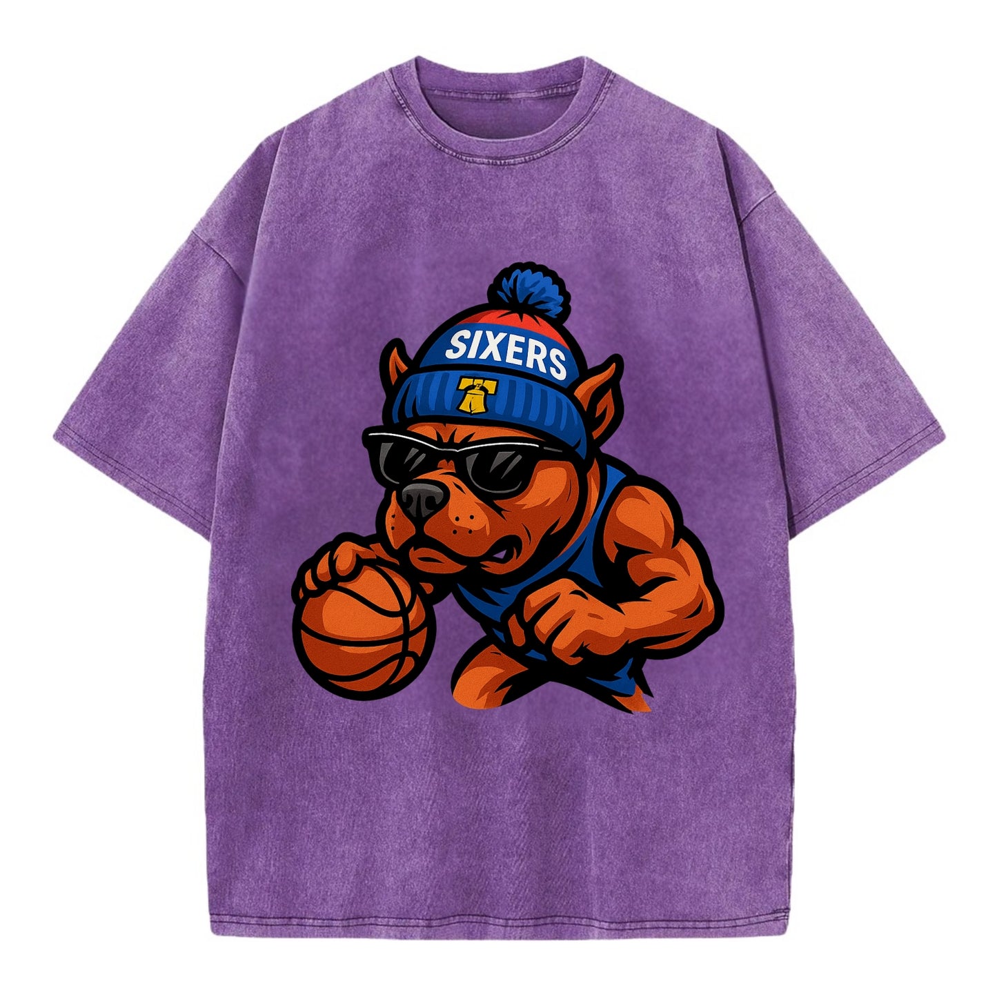 Philly Pitbull wearing Sixers beanie with Liberty Bell and wayfarer sunglasses - Vintage T-shirt - Purple