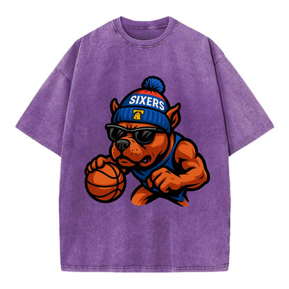 Philly Pitbull wearing Sixers beanie with Liberty Bell and wayfarer sunglasses - Vintage T-shirt - Purple