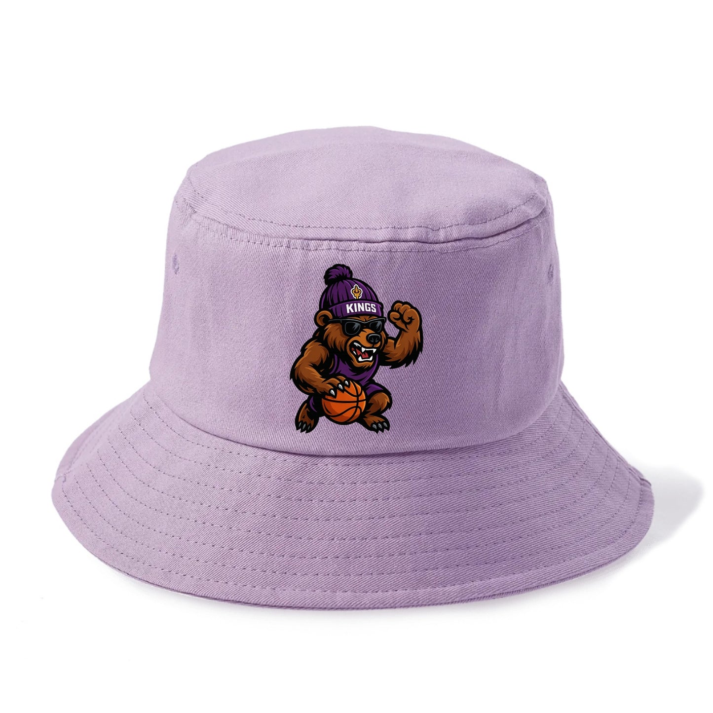 California Grizzly wearing Kings beanie with royal scepter patch and wayfarer - Bucket Hat - Purple