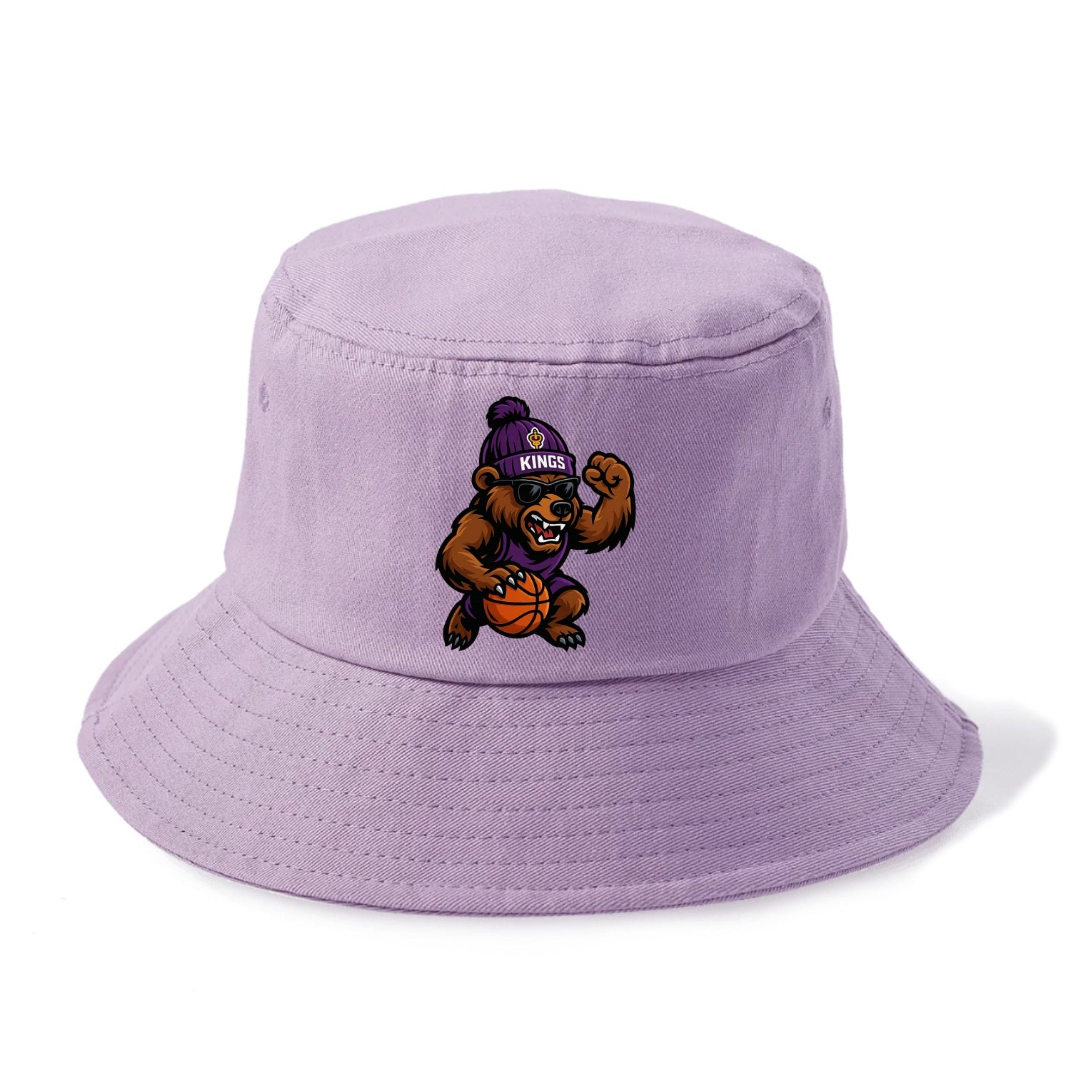 California Grizzly wearing Kings beanie with royal scepter patch and wayfarer - Bucket Hat - Purple