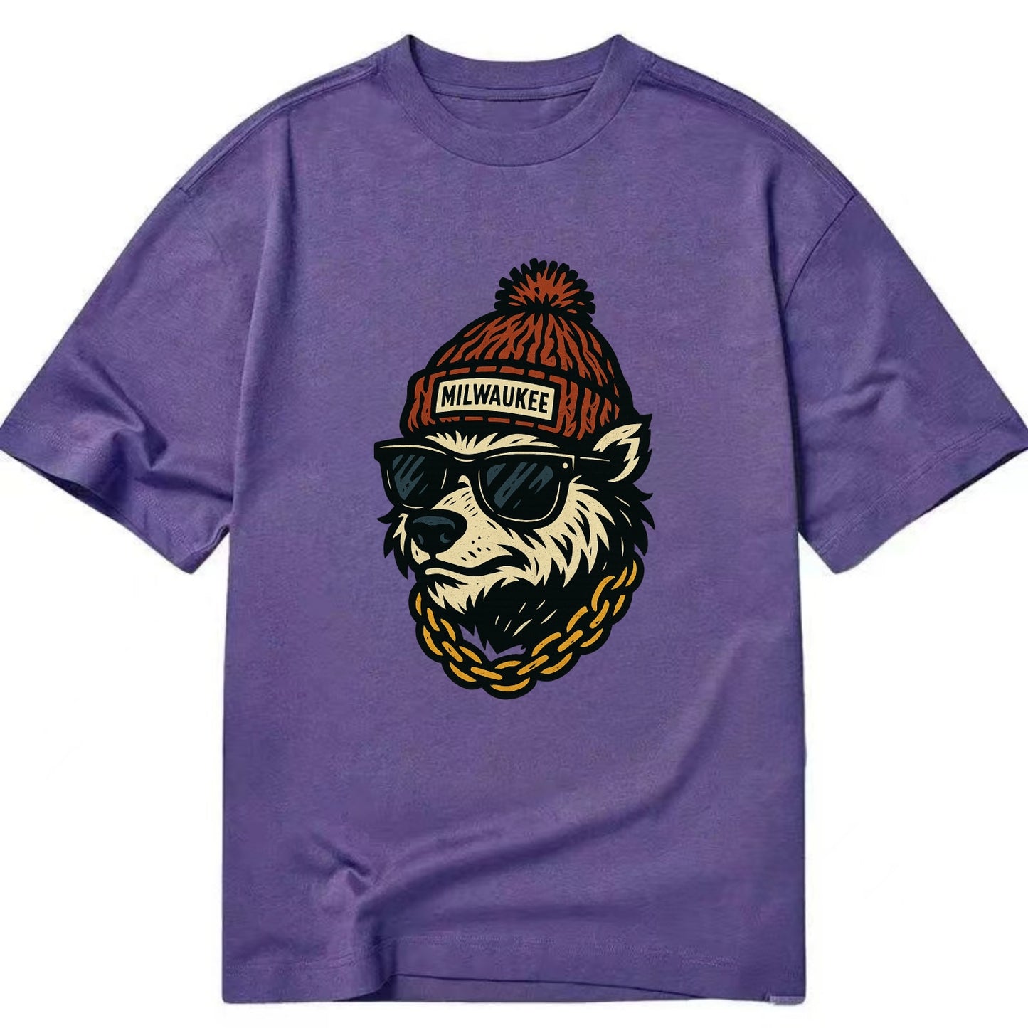 Milwaukee Badger wearing Milwaukee beanie with pom pom and wayfarer sunglasses - Classic T-shirt - Purple