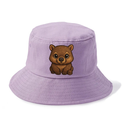 Baby Wombat - brown fur, square nose, small ears, dark eyes, front-facing, cube poop - Bucket Hat - Purple