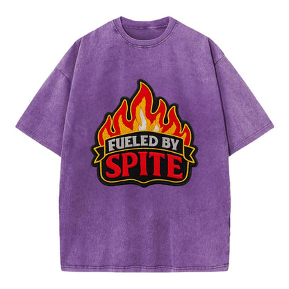 FUELED BY SPITE - fire with text in black and red , petty motivation - Vintage T-shirt - Purple
